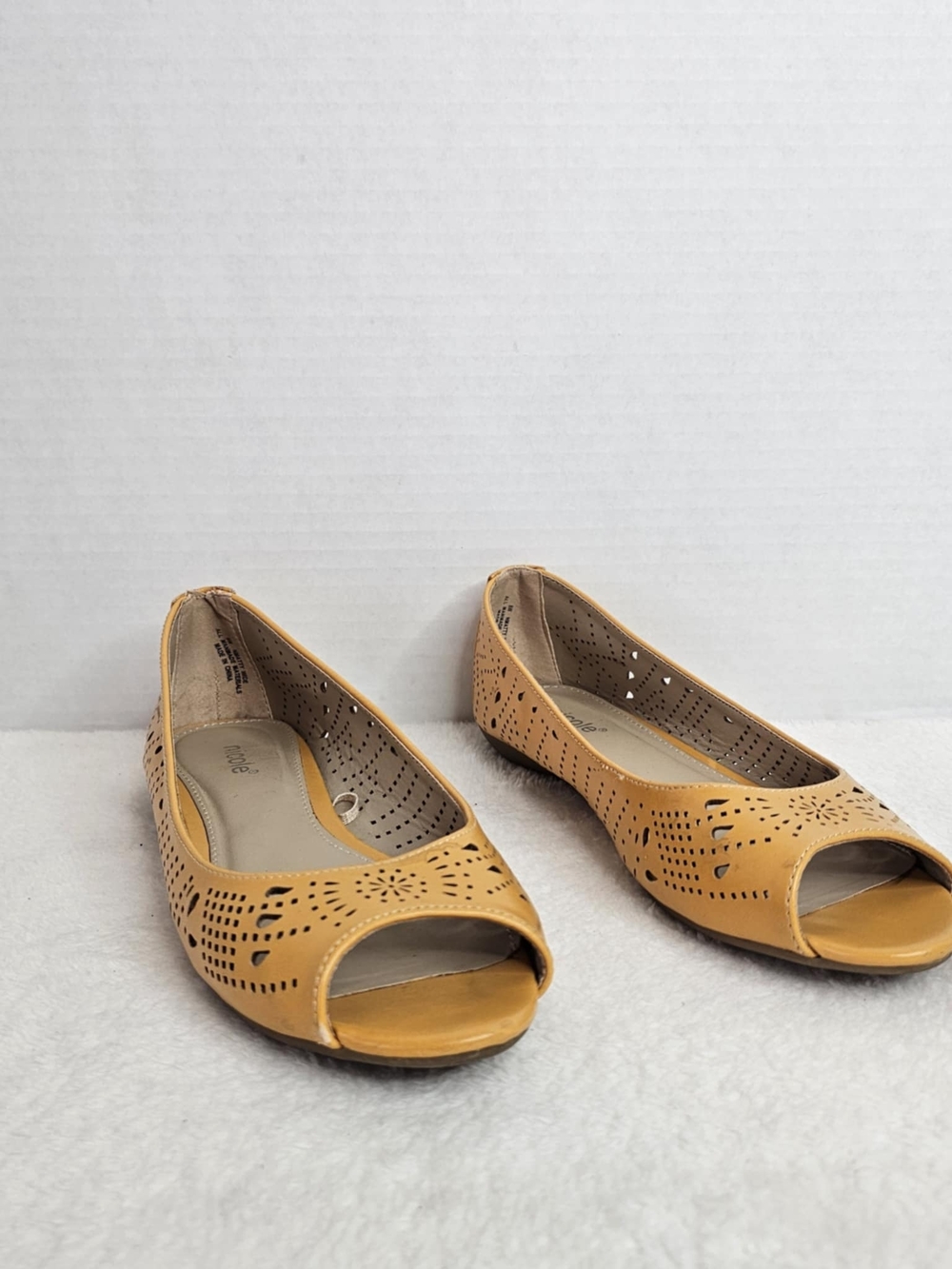 Nicole Women's Open-Toe Laser-Cut Flats in Mustard Yellow - Picture 6 of 13